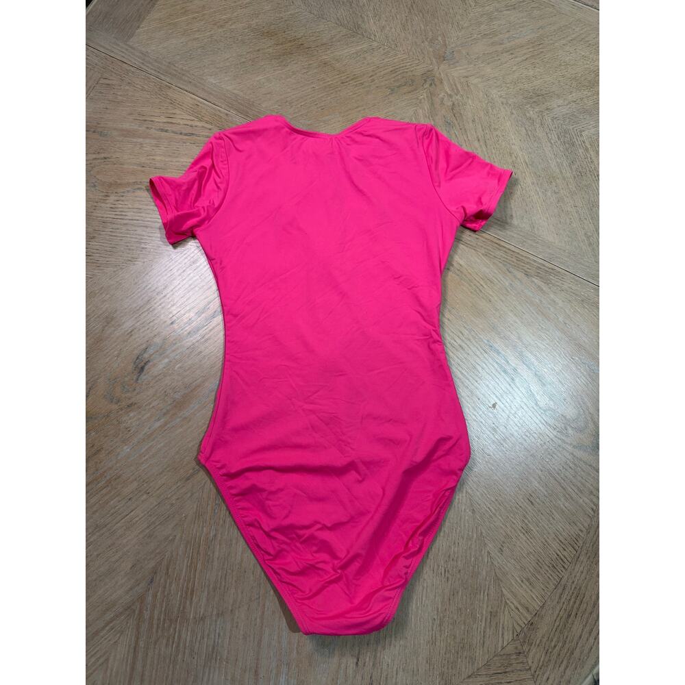Michael Kors short sleeve neon pink one-piece swimsuit black front zipper size 4 - Picture 6 of 6